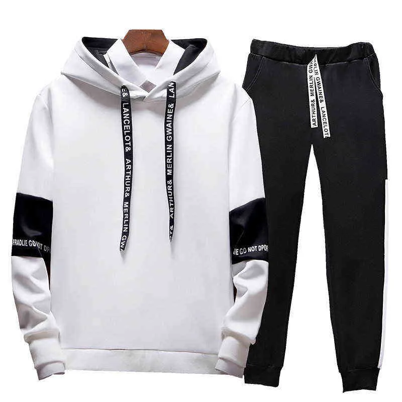 Men's High-quality Cotton Fabric New Fashion Trend Pullover Hooded Sweater Set Autumn and Winter Two-piece Splicing Hooded Set G1217