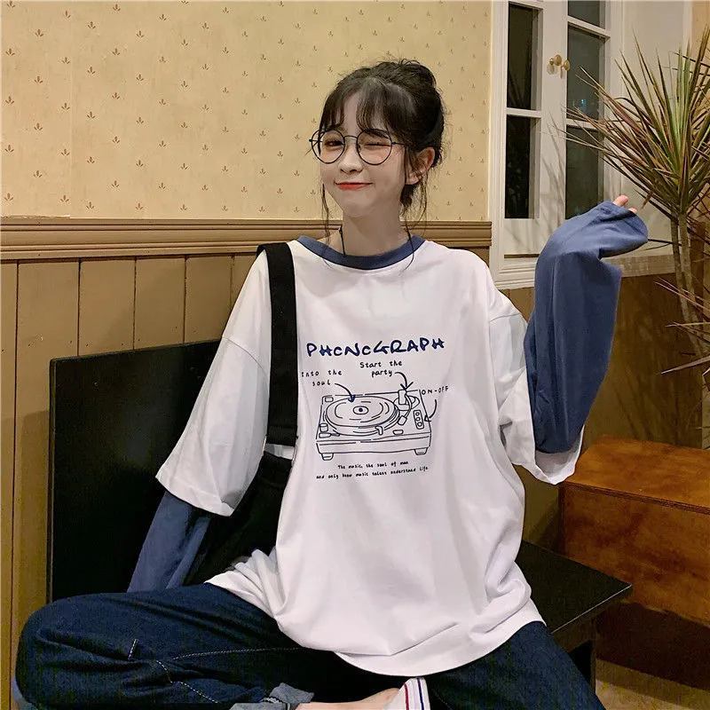 Sahte İki Parça Uzun Kollu T-Shirts Kadın Mektup Baskı Grafik Tee Baggy Kore tarzı Tasarım Taze All-Match Girls Spring Chic 220801