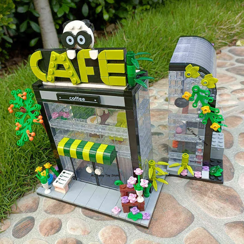 MOC Creative Summer Coffee Store Shop Model Building Block City View Holiday Flower House Bricks Girls Set Toys Kids Gifts G220524