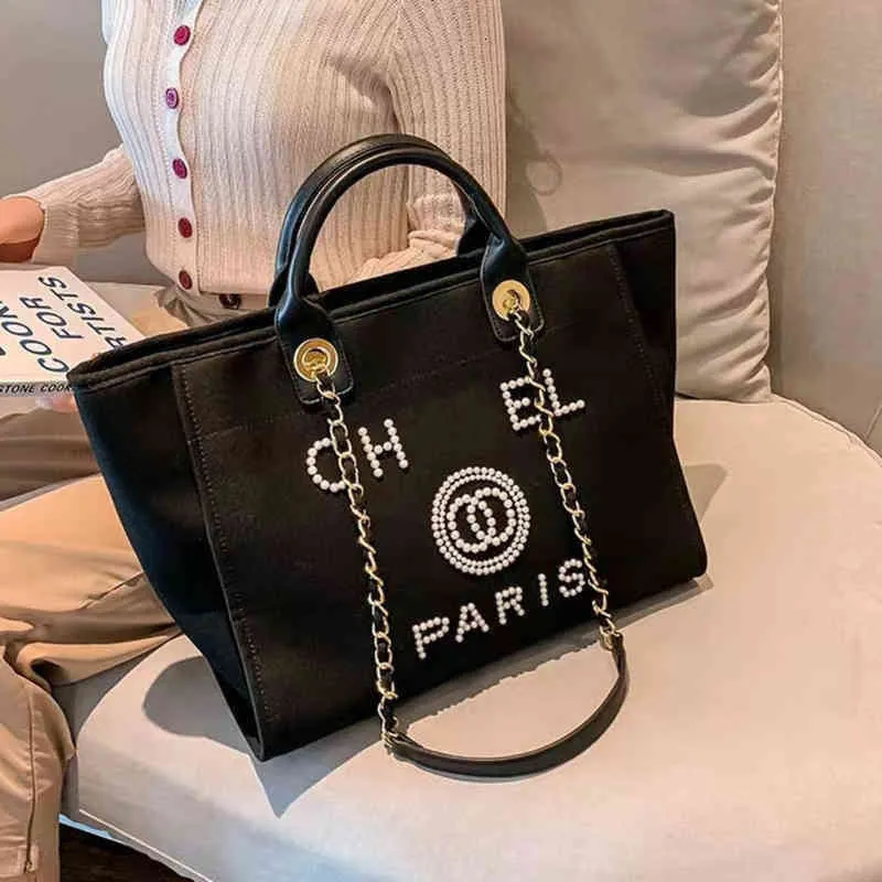 Роскошные Классические Модные Пляжные Сумки Tote Label Жемчужная Вечерняя Сумка Портативная Женская Дизайнерская Холст Сумка Большой Вместимости Марка Женщины 256F