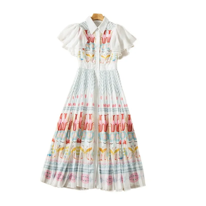 2022 Summer Short Sleeve Lapel Neck White Floral Print Chiffon Ruffle Detail Pleated Single-Breasted Dress Elegant Casual Dresses 22Q151632