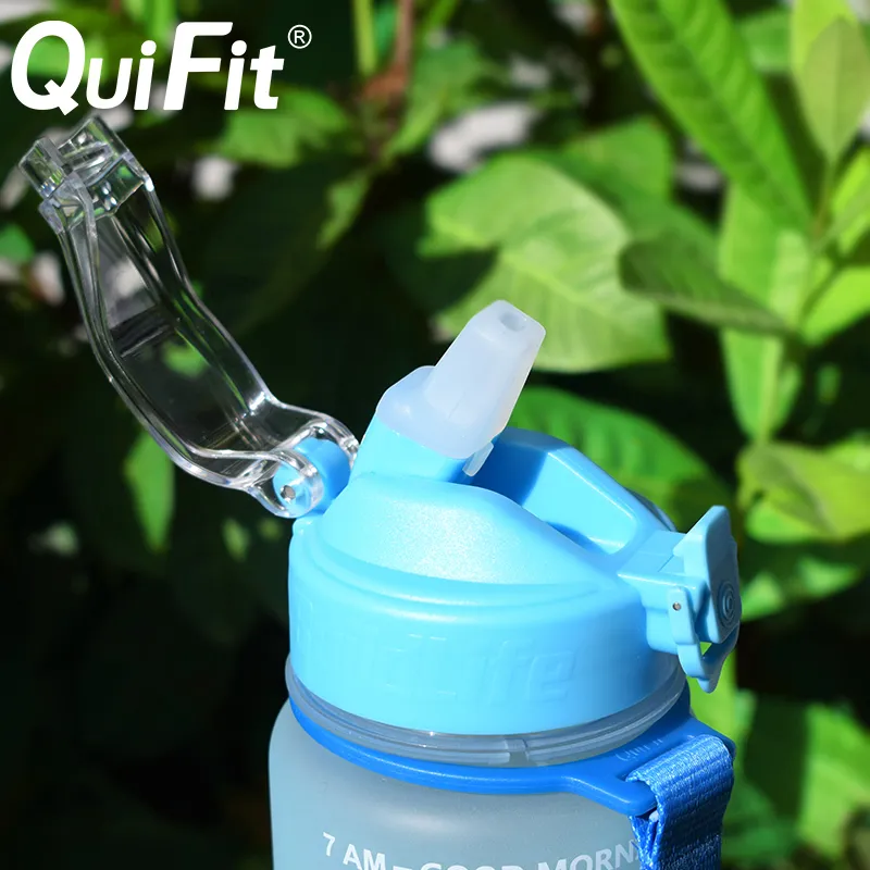 Quifit Water Bottle 1 Liter Silicone Straw Spout Cap Gallon , BPA-Free, Daily Drinking with Time Stamp 220307