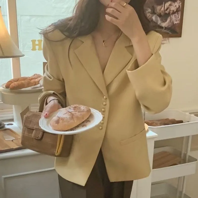 Kimotimo Vintage Blazer Blazer Donne Coreano Chic Chic Colletto in metallo Colletto in metallo Design Cappotto Autunno Casual Cappotti a maniche lunghe Cappotti 220402