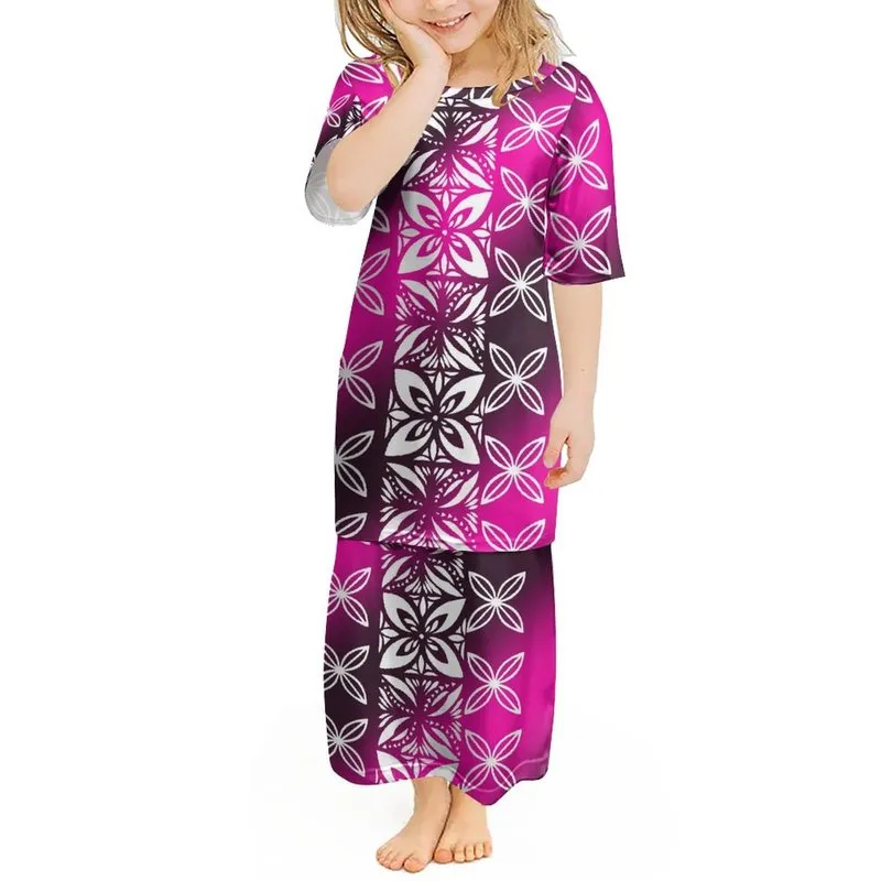 High Quality Custom Pink Polynesian Tattoo Children Puletasi Samoa Tonga Tribal Tatau Girl Dress Toddler Kids Set 220706