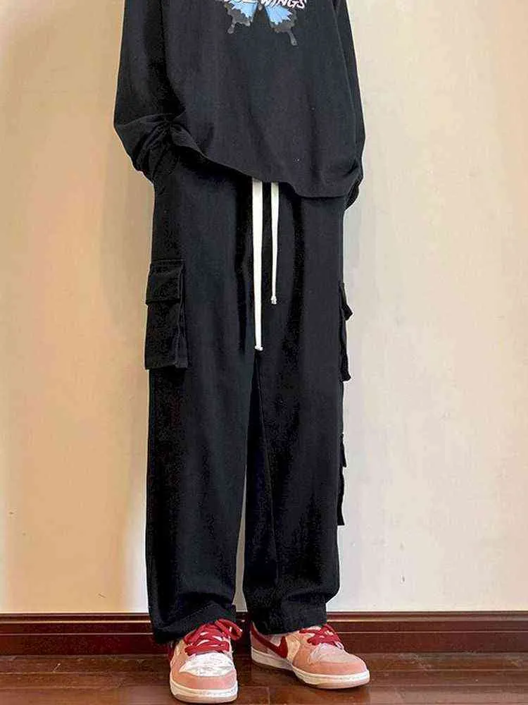 Foufurieux Pantalon cargo ample droit multi-poches pour hommes 2022 Nouvelle couleur unie Noir Kaki Pantalon décontracté Coréen Pantalon de survêtement ample G220713