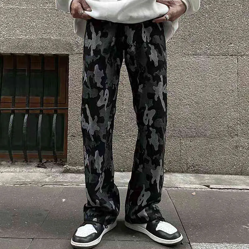 Retro hip hop düz leopar patchwork arka mektup gündelik erkek denim pantolon sokak kıyafetleri rahat gevşek harajuku kot pantolon t220803