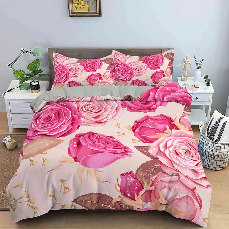 Set biancheria da letto 3D Copripiumino con stampa floreale Letto in tessuto in microfibra trapunta ragazza 2/3 pezzi Piumino di lusso