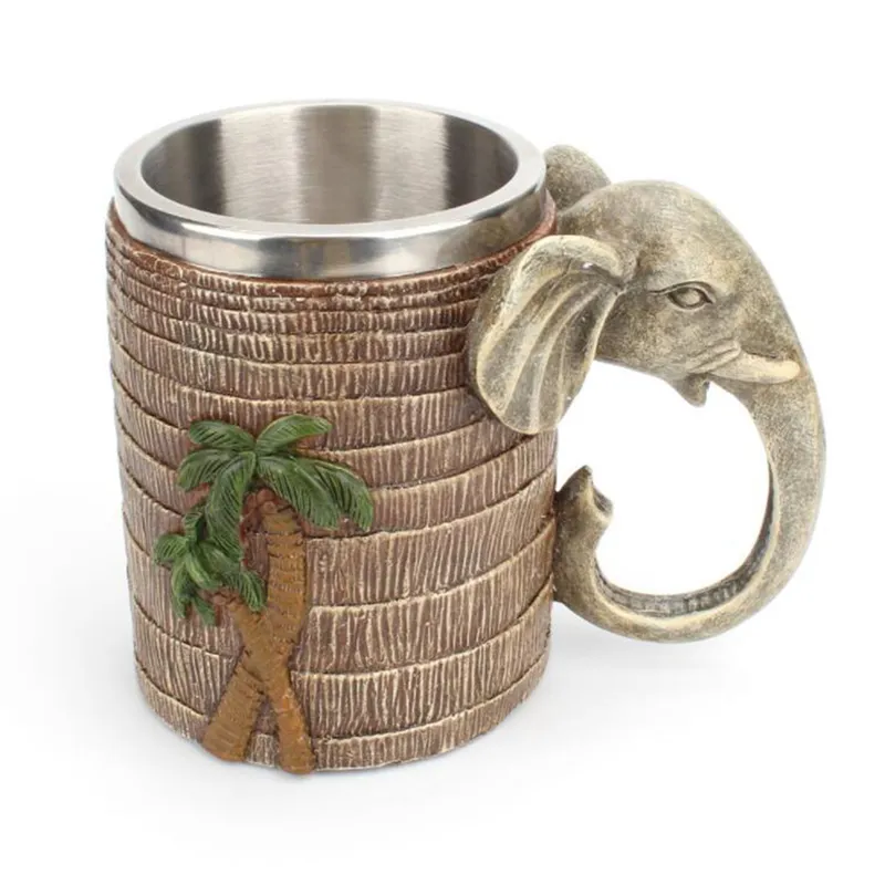 Tropical Rainforest Elephant Mug Cup 304 Stainless Steel Resin Drink Water Coffee Cup 600ML Bar Home Trunk Handle Creative Gift CX220513