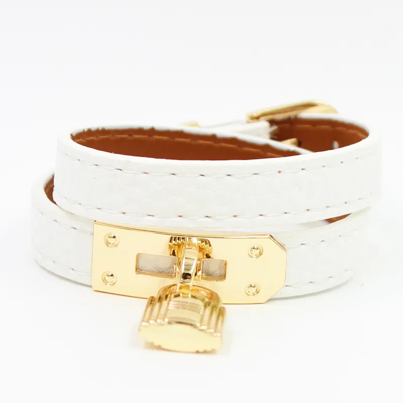 Luxury Leather Skin Armband Lock Designer Bangle Charm Armband smycken Kvinnor Män i rostfritt stål dubbel wrap vakuum guld pating273b