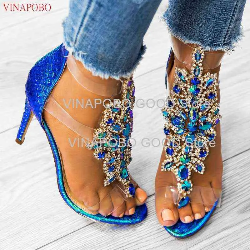 Women Summer Crystal Sandals peep Toe Thin High Heels Ladies Zipper Female Sexy Rhinestone Stiletto Bridesmaid Shoes220513