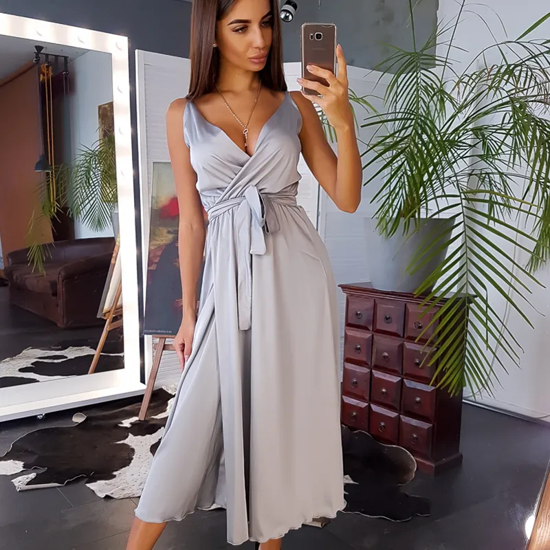 Moarcho Sexig festklänning Sling Bandage Vintage High Split Mid-Längd ärmlös Satin Long Dress Fashion Elegant Vestidos 220506