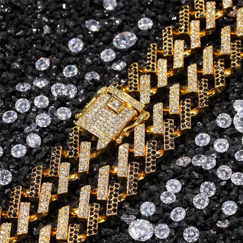 15 mm bunter Diamant-Hip-Hop-Schmuck, kubanische Gliederkette, Herren-Goldhalskette, Designer-Kette für Mann, Iced Out-Legierungsketten, Blau, Schwarz, 290 N