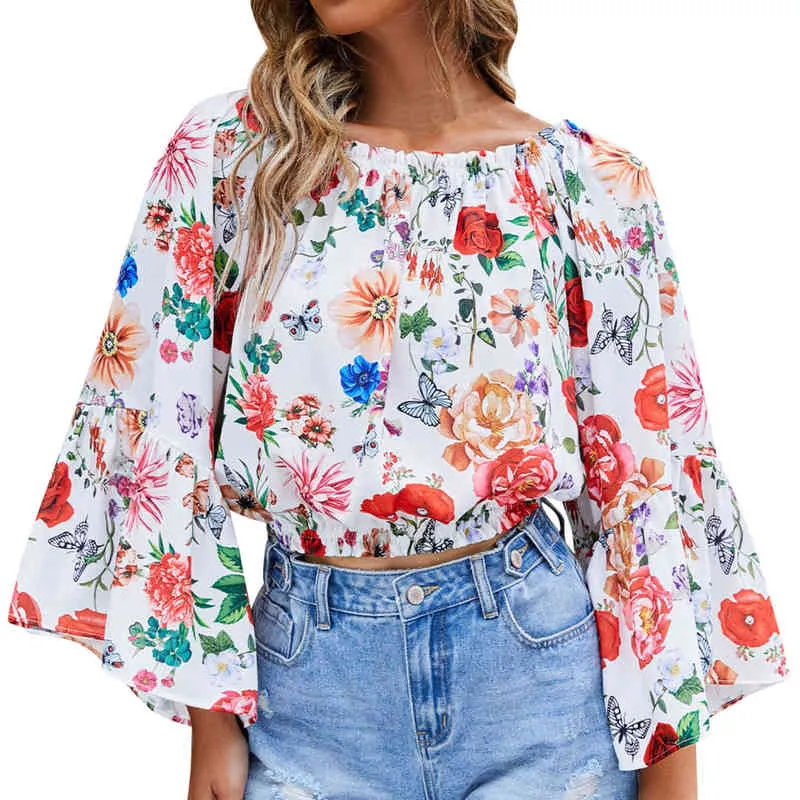 Women Floral Print Bohemian Off-shoulder Batwing Sleeves Tops Blouse Shirt Ladies Rayon Boho Shirts Sexy Causal Elegant Blusas L220705