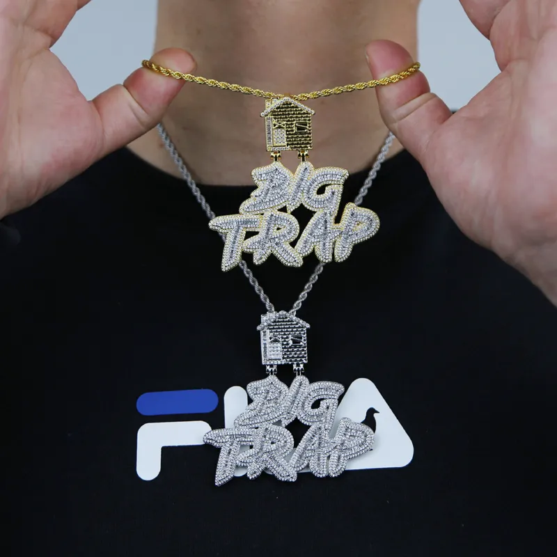 Grand piège avec lettres glacées, pendentif de maison, pavé de zircon cubique complet, chaîne cubaine, collier hip hop, bijoux entier231A