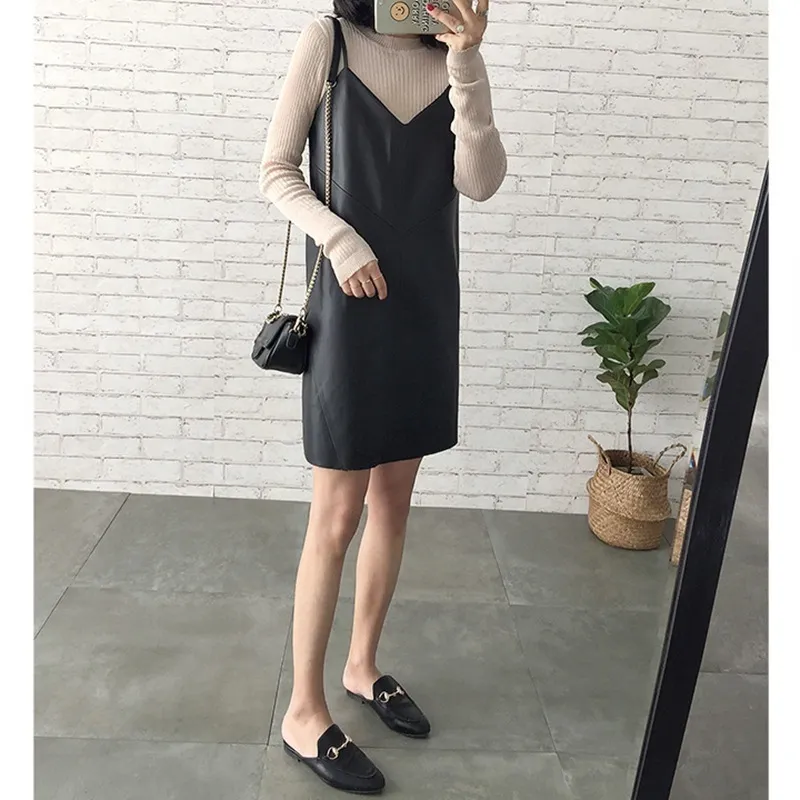 Swyivy Women s Leather Dress Casual V Neck Pu es Black Sexig Female Over Ankle Shorts 220521