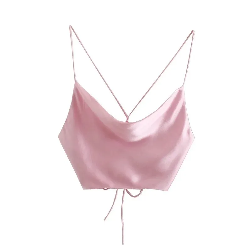 TRAF SUMMER WHITE SATIN TOP KVINNA Rosa Crop Sexig Backless Tank Camisole Beachwear Tie-Dye Strap S 220318