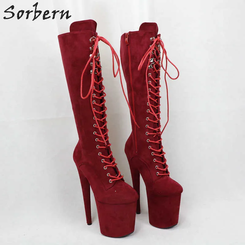 Sorbern vin rouge femmes bottes décapant talon mi-mollet botte extrême haut talon 20 cm d'épaisseur plate-forme chaussures taille 11 personnalisé