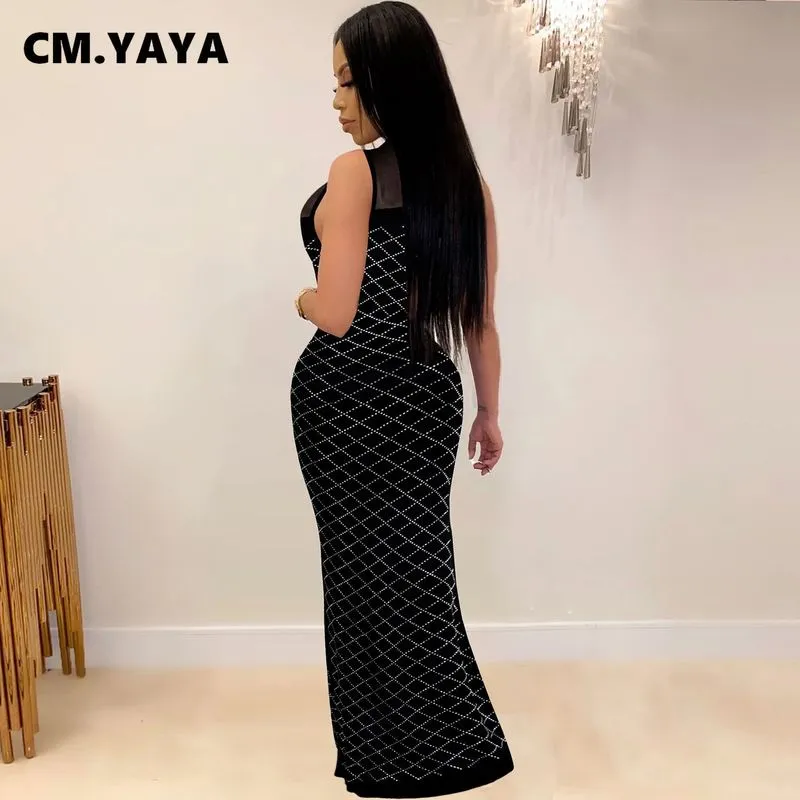 CM.YAYA Womem strass diamanti senza maniche midi lungo maxi abito da sera sexy club sirena abiti aderenti 220516