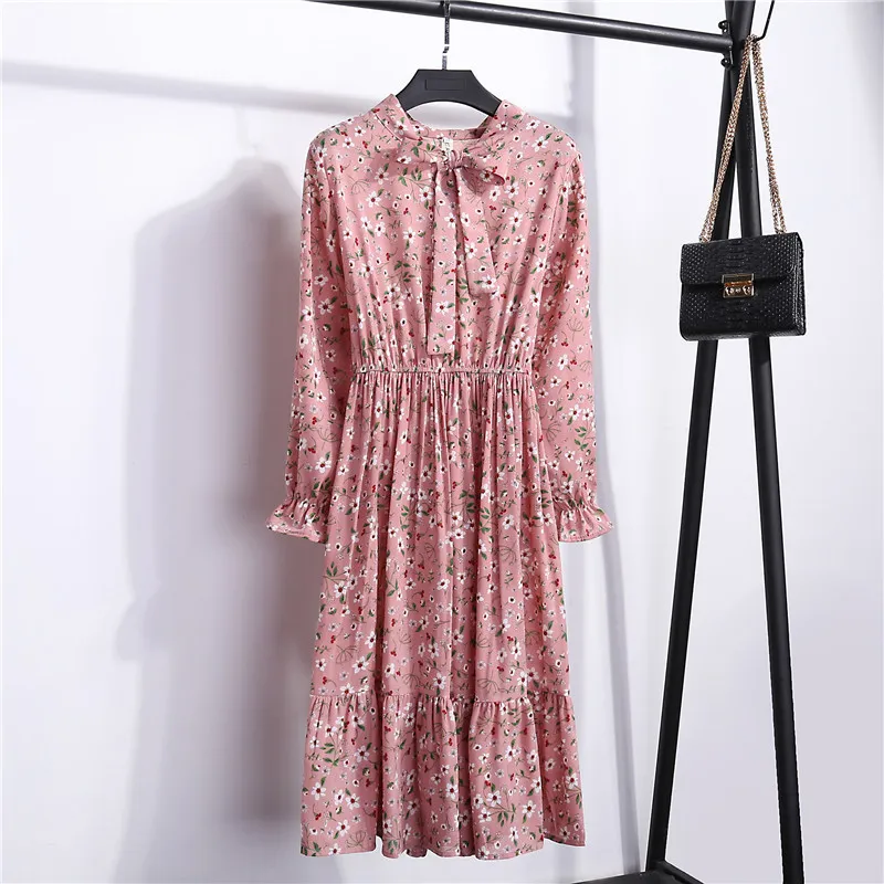 Floral Print Women Dress Female Autumn Long Sleeve Vintage Chiffon Bow Tie Neck Office Lady Shirt Dress Summer Vestidos 220513