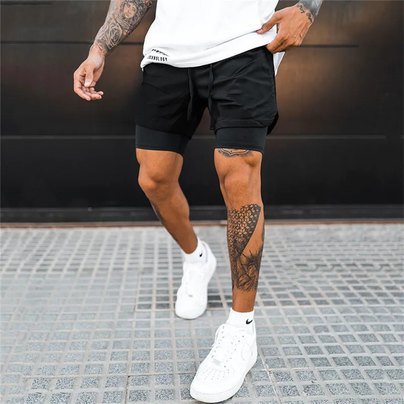 Men Fitness Bodybuilding Shorts Gyms Workout Male Breathable 2 In 1 Double deck Quick Dry Sportswear Jogger Beach 220629