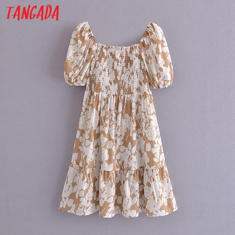 Tangada Summer Women Floral Print Short Dress Square Neck Short Sleeve Ladies Mini Dress Vestidos 3A148 220517