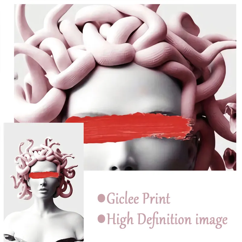 Roze Medusa Sculptuur Canvas Poster Graffiti Art Canvas Schilderij Medusa Cover Gezicht Creativiteit Muur Foto voor Woonkamer Decor