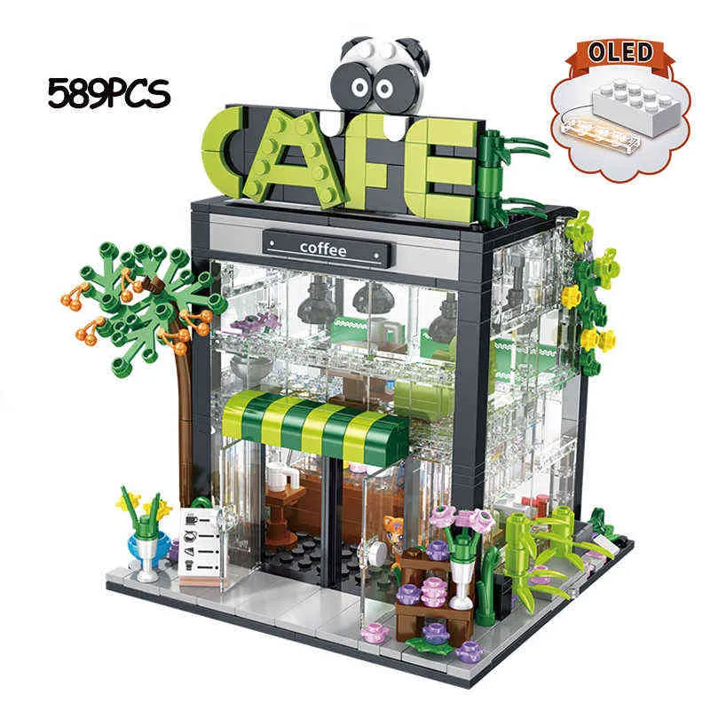 MOC Negozio di caffè estivo creativo Negozio Modello Building Block City View Holiday Flower House Mattoni Ragazze Set Giocattoli Regali bambini G220524