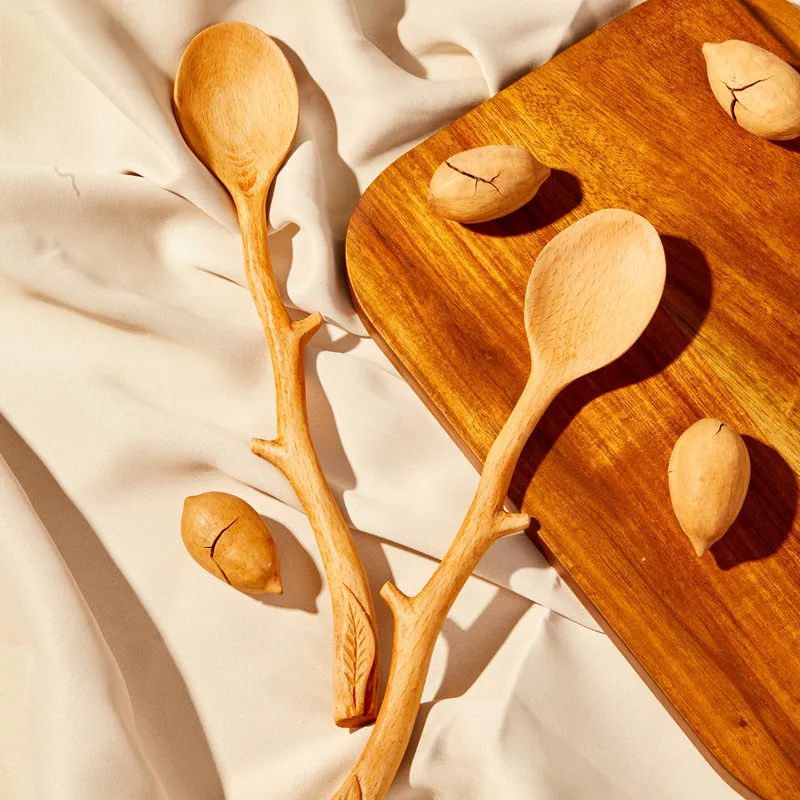 Party Favor Japanese Style Wooden Spoon Special Branch Shape Long-Handled Soup Stirring Tableware For Kitchen Cookware Accessories