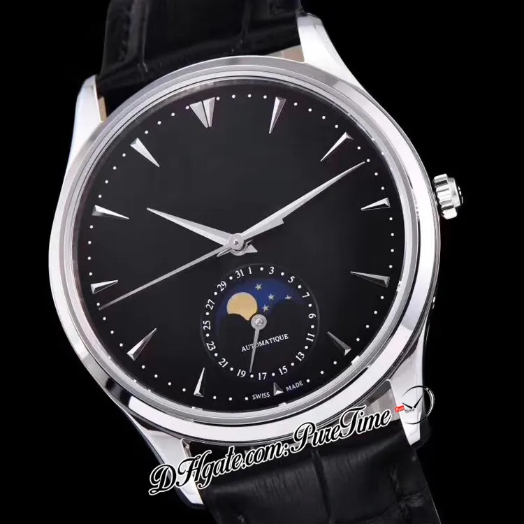 VF V3 Master Ultra Thin Moon Q1368470 JLC A925 Automatisk herrklocka Stålfodral Black Dial Silver Stick Markers Leather Strap Corre230s