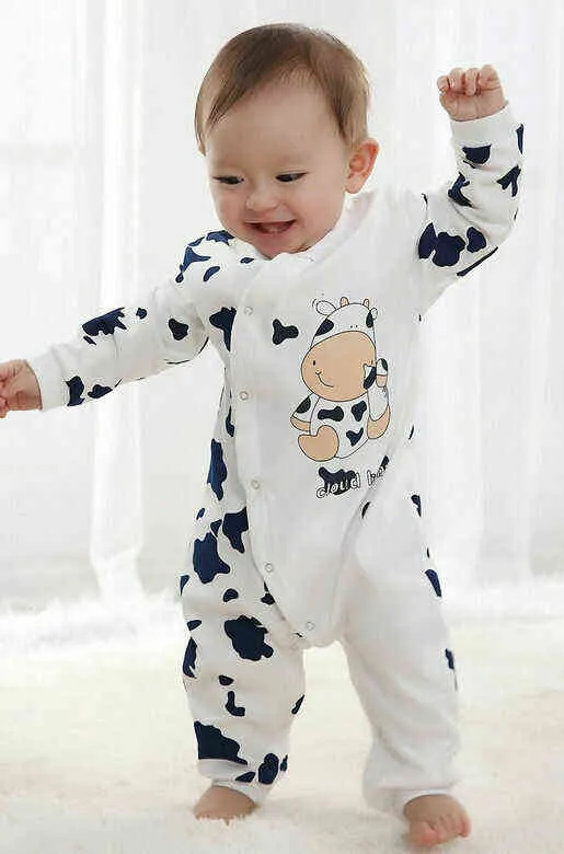 New Fashion Newborn Kids Baby Boys Girls Cute Cow Bodysuit Long Sleeve Romper O-Neck Jumpsuit Outfit One-piece0-24M G220517