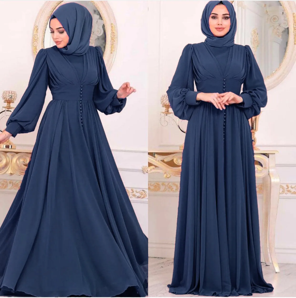 Robe longue de soirée en mousseline de soie pour femmes musulmanes, Hijab, boutons solides, vêtements islamiques arabes turcs, Eid Mubarak, 2022