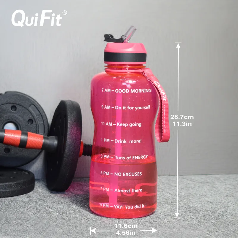 Quifit Water Bottle 2L / 3.8L مع قبعة القش، الزيادة الزمنية، BPA مجانا. مناسبة للياقة البدنية وزجاجات المياه للغالون المنزلية 220307