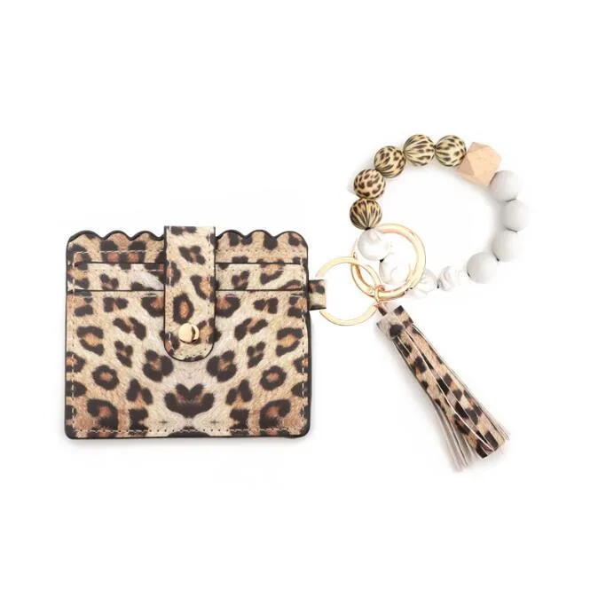 Leopard Sunflower Bracelet Keychain Card Bag Tassel Leather Silicone Bead Card Wallet Crocodile Pattern Bracelets Pendant