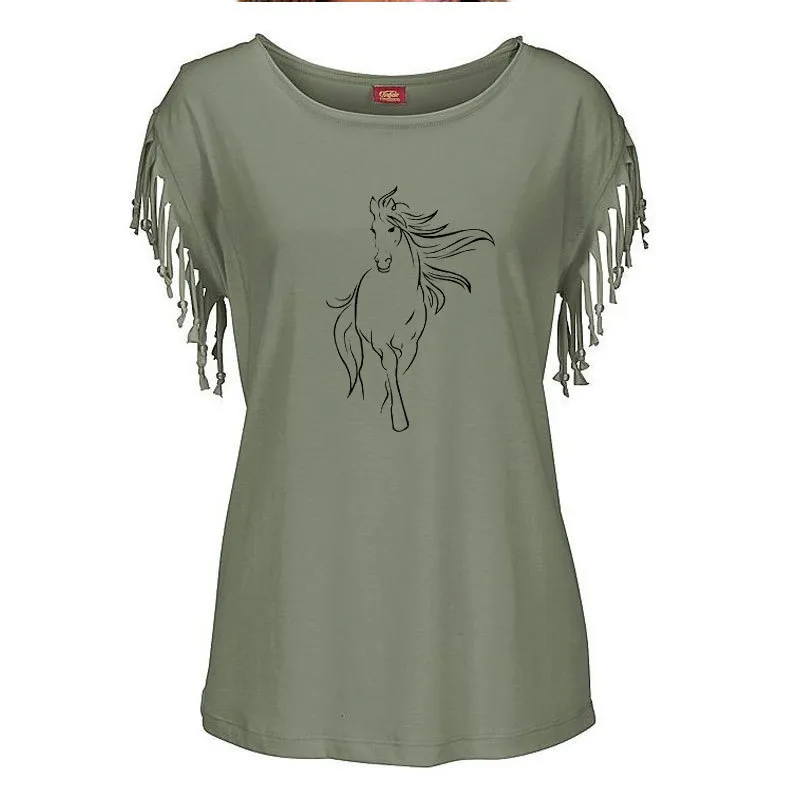 Kreative Pferdesfrauen Baumwoll Quaste Casual T-Shirt Kleidung Tiere T-Shirts Kurzarm O-Neck Damen-T-Shirt 220425