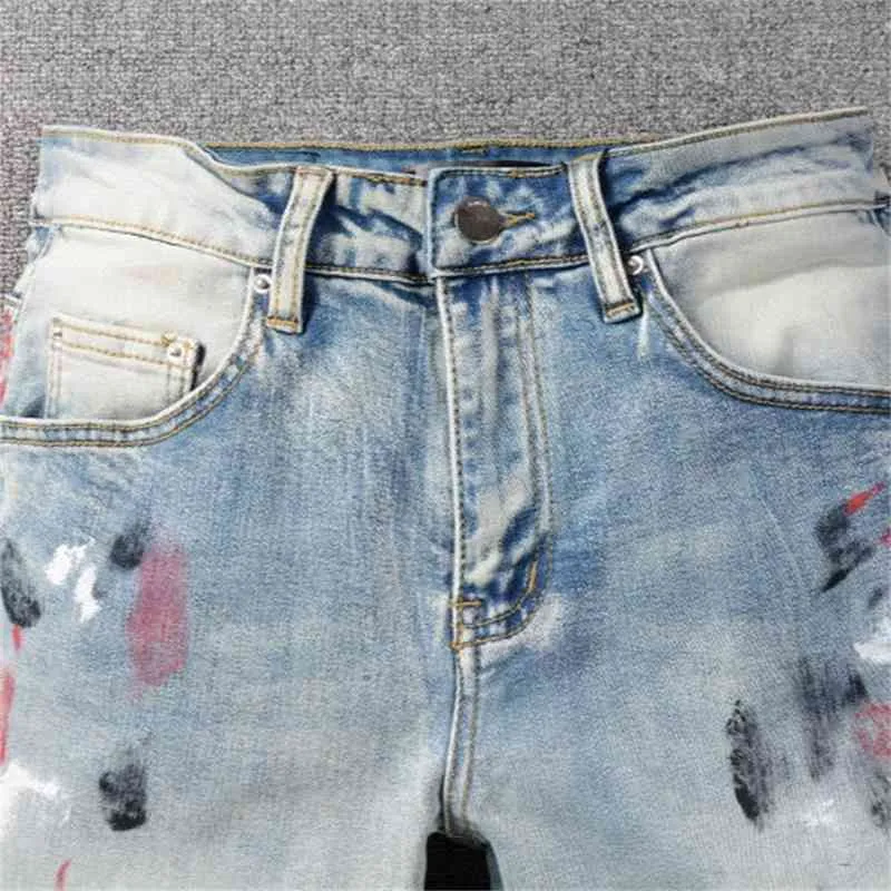 Jeans pour hommes Designer Amirrss Jeans nouvelle couleur claire personnalisé splash peinture point couteau coupe trou marque de mode pour hommes coréen pantalon à jambes minces BE8E