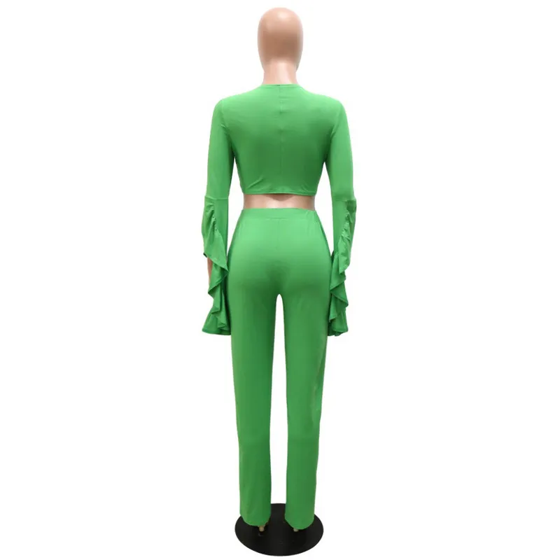Estate 2 pezzi Set Donna Abiti Vestiti Verde Volant Camicetta Pantaloni lunghi Moda Elegante Abbigliamento quotidiano Femme Set coordinati 220511