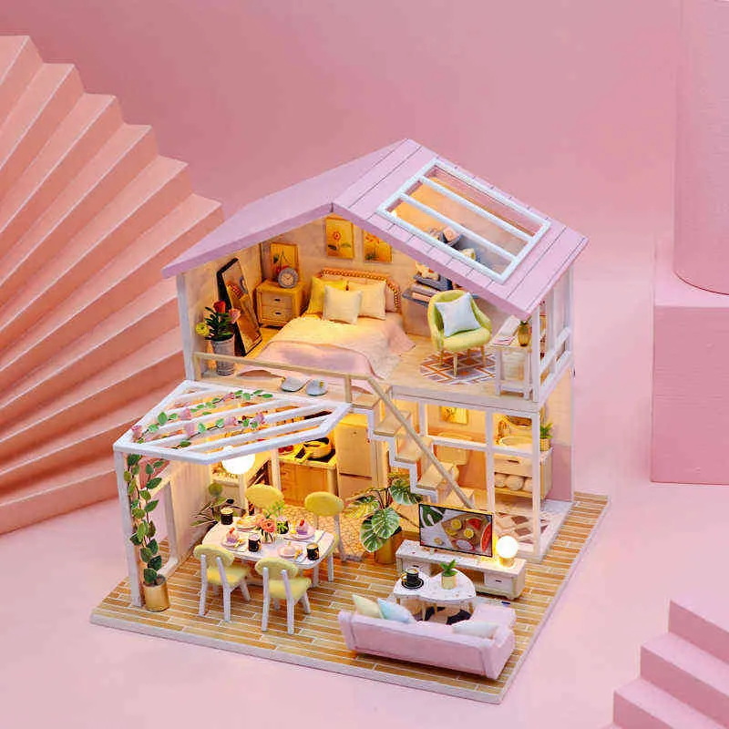 DIY Dollhouse Wooden Doll Houses Miniature Doll House Furniture Kit With LED Toys for Children Birthday Gift M2001