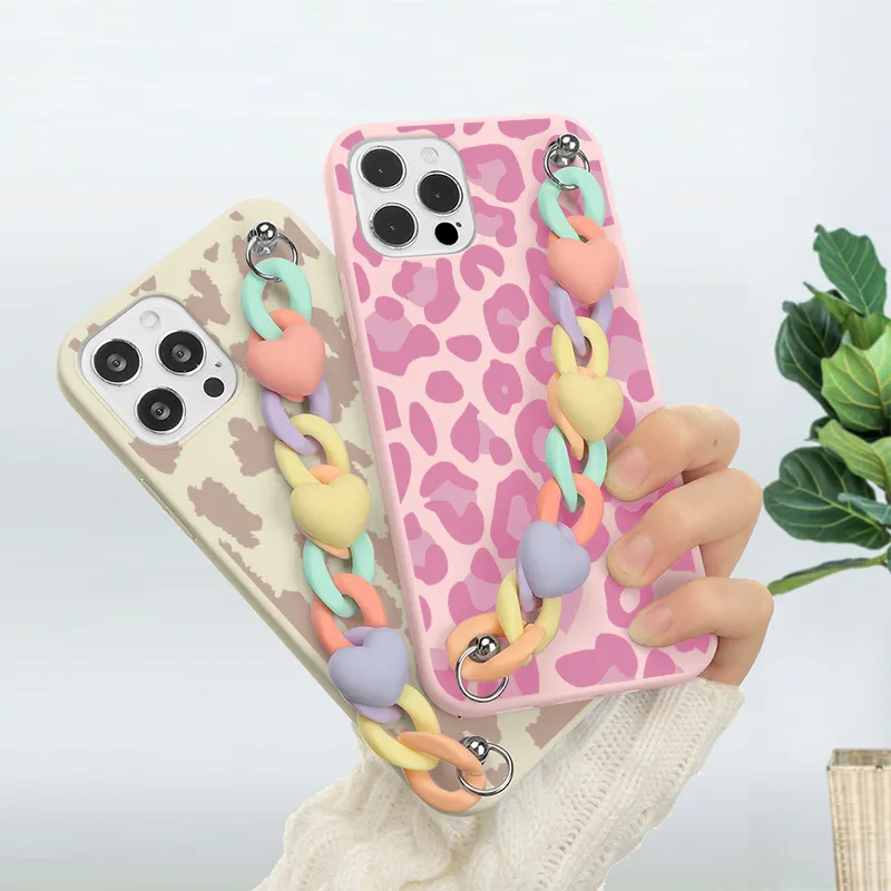 For Xiaomi Redmi Mi Note 9 10 11 S 8 8T 7 10T 11T 9T Pro Max Lite Poco X3 F3 M3 9C NFC Leopard Print Heart-Shaped Chain TPU Cases