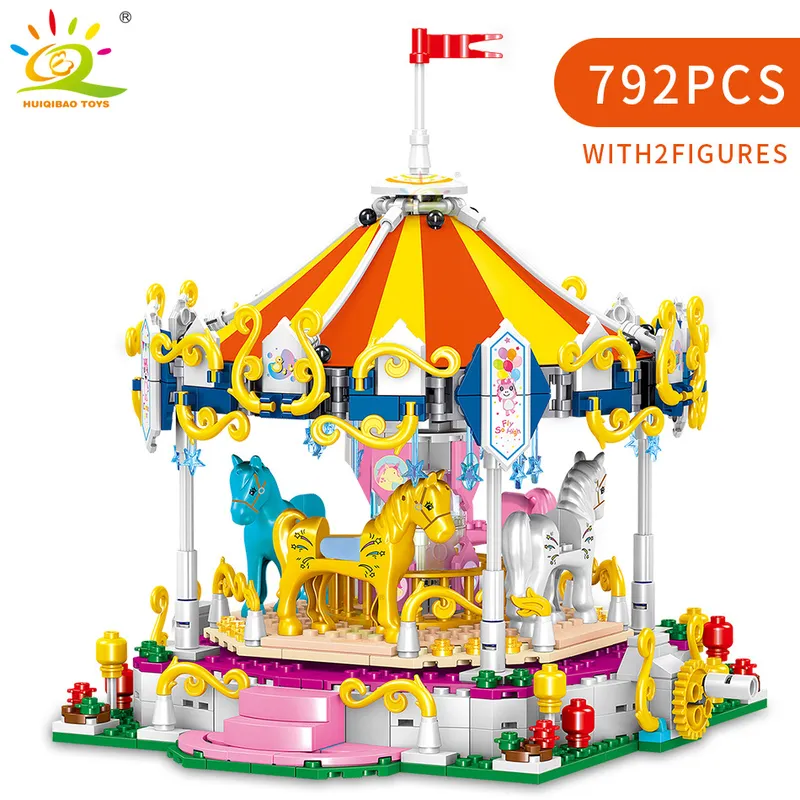 Huiqibao Amusement Park 3D Model Micro Building Builds City Street View Architecture Moc Carrousel Mini Bricks Children Toys Game 220715