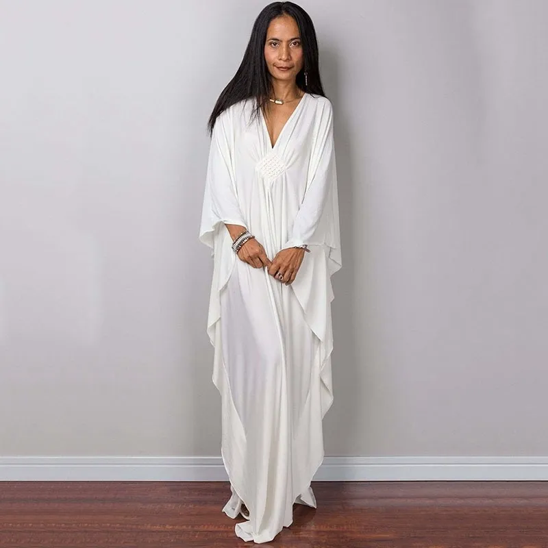 Grekisk gudinna Pure White Long Dress Stuning Solid Color Black Kaftan High midje Batwing Sleeve Maxi Dresses for Elegant Women 2206270e