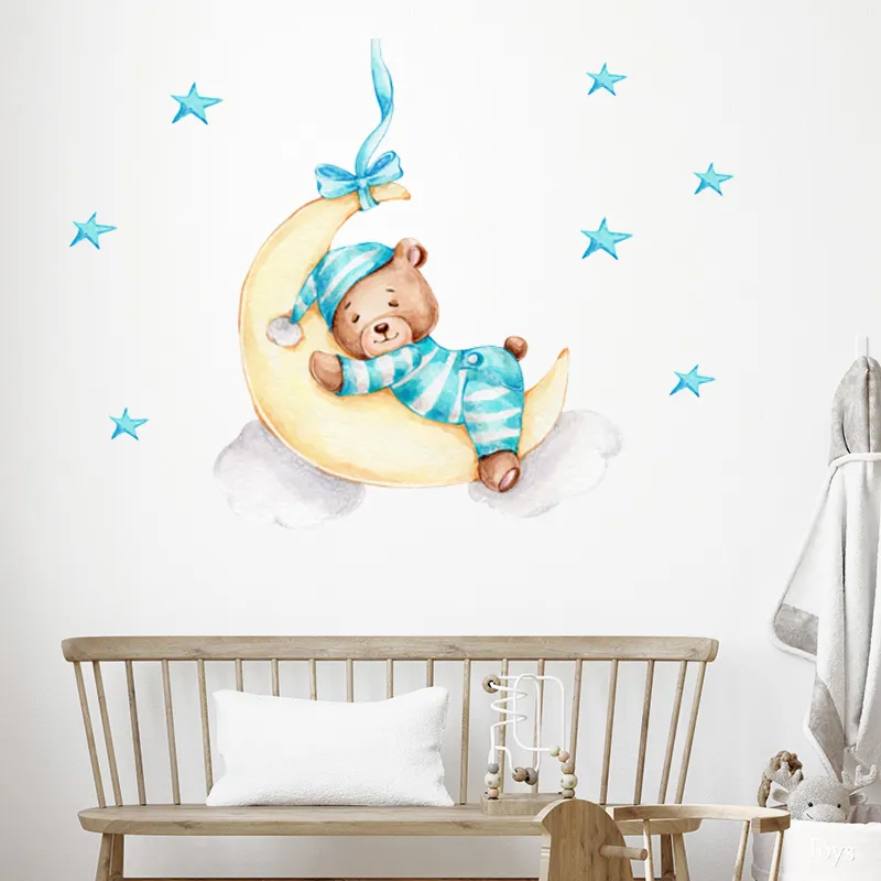 Cartoon Kaninchen Mond Sterne Wandaufkleber für Kinderzimmer Dekoration Baby Kinderzimmer Schlafzimmer Wohnzimmer Wandtattoos Tiere Haus Dekor 220601