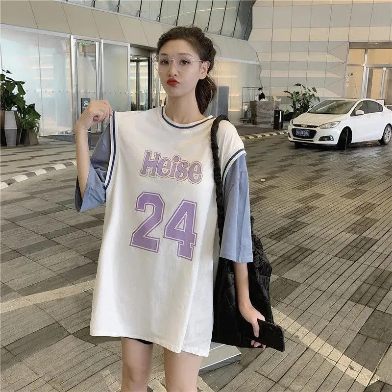 バスケットボールジャージーの女性ゆるいハラジュクスポーツスタイルTシャツの女性プリントデジタルカワイイショートスリーエレベーションフェイクトゥワイス220615