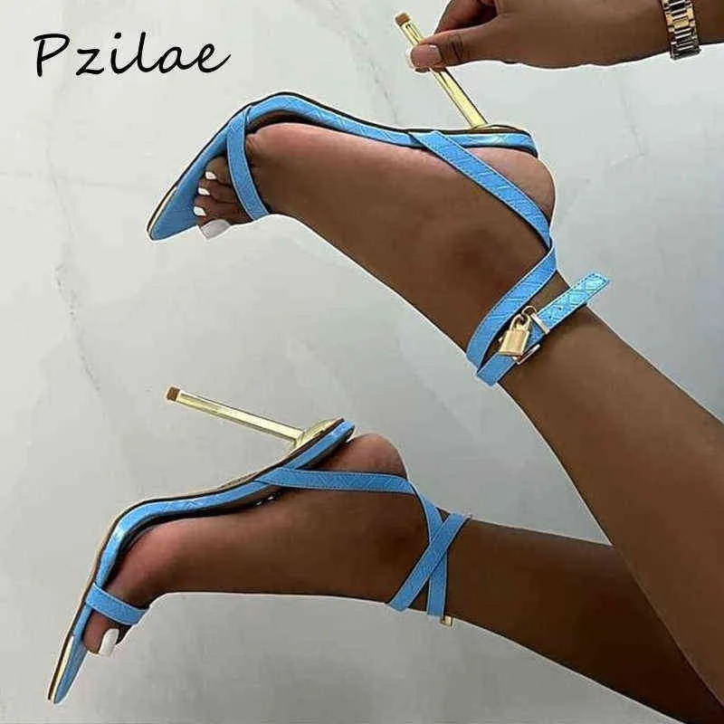 Sandaler Pzilae 2022 Nya sommarskvinneskor Metal Hälen Ankel Strap Party Pumps High Heels Buckle Ladies Blue White Size 42 220704