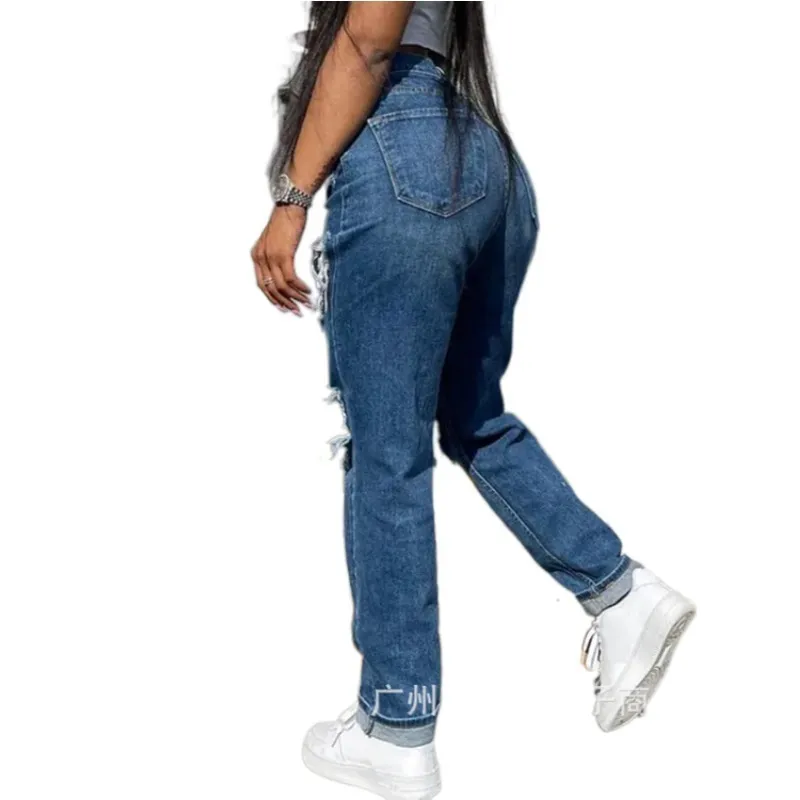 Jeans pour femmes évider déchiré Jeans droits femmes bleu Punk Baggy taille haute maman petit ami D 220824
