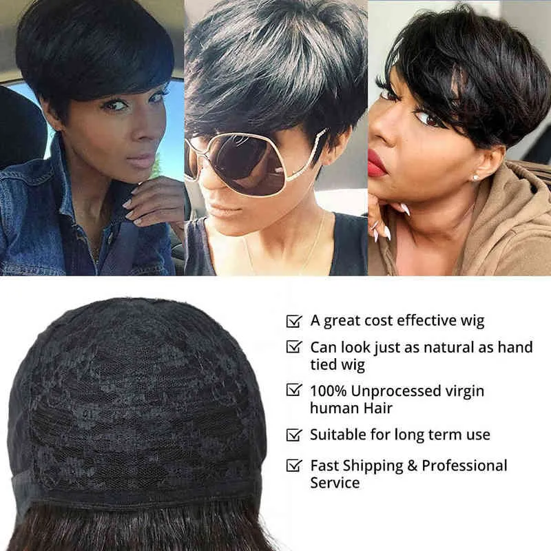 Korte Bob Human Hair Wig With Pony Pixie Cut For Black Women Nature Color Full Machine Made Braziliaans goedkoop S 220713