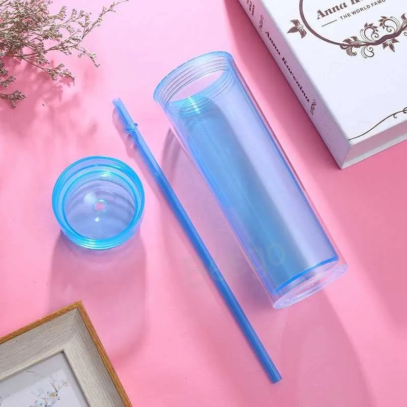 450 ml de dupla camada de plástico copo de bebidas transparentes de leite caneca esportes de verão xícaras de palha coloridas para viagens ao ar livre canecas de água