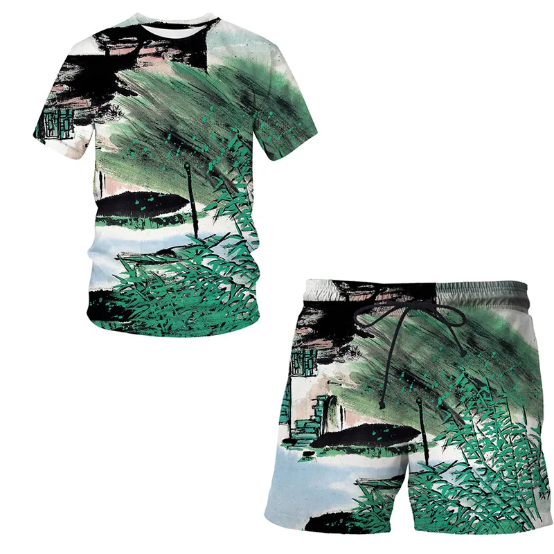 Peinture au pinceau chinois Été Hommes Survêtement 3D T-shirt imprimé Short de sport Costume Casual Manches courtes Pantalon court 2 pièces Ensemble 220624