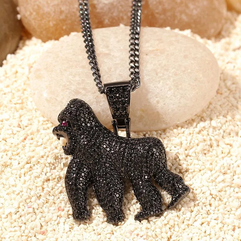 Pendant Necklaces Hip Hop CZ Stone Paved Bling Iced Out Gorilla Animal Pendants For Men Rapper Jewelry Black Gold Silver ColorPend292E