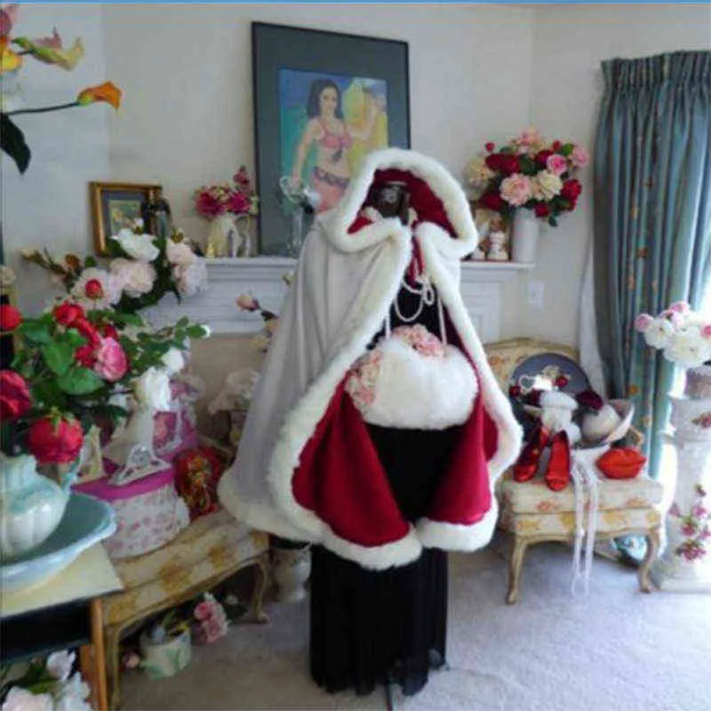 レディースクリスマスクリスマスベルベット毛皮フード付きマントミセスサンタクロースファンシードレス高級マントケープカッパコスプレ来てL220714