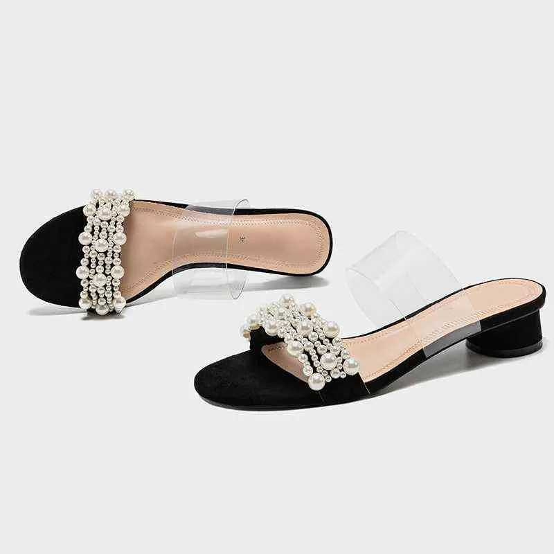 Sandals Slippers Spring Woman Pearl Decoration High Heels Fashion Round Head Shoes Transparent Wide Band 220411